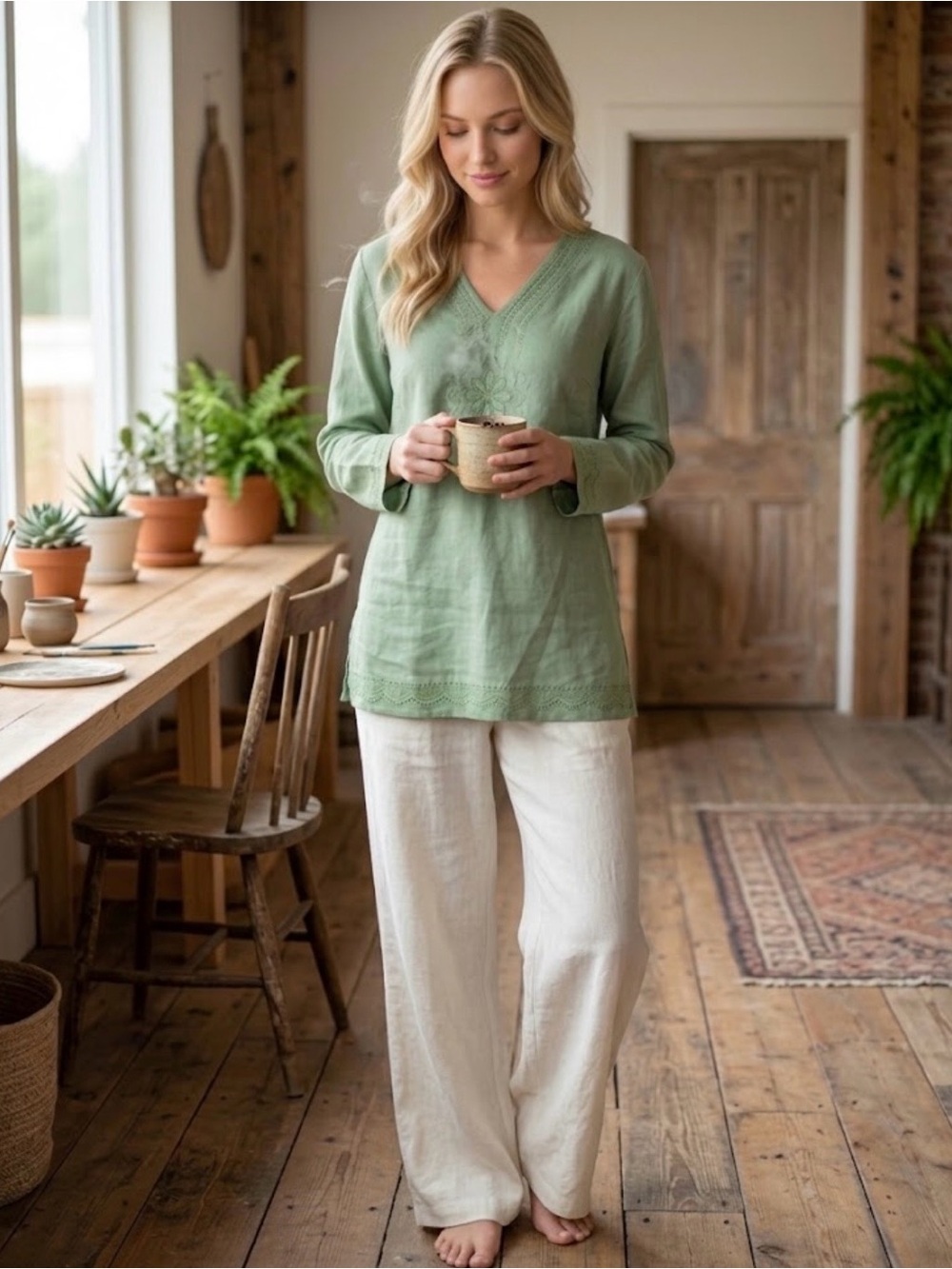Josephine Chaus Sage Green V-Neck Linen Tunic